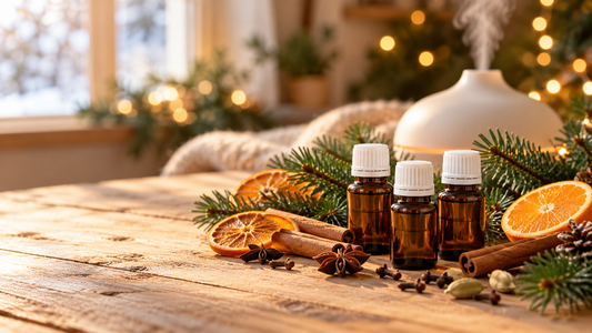 Drei Braunglasflaschen mit ätherischen Ölen zwischen Orangenscheiben, Zimtstangen, Sternanis, Nelken und Tannenzweigen, im Hintergrund ein Diffuser und Lichterketten