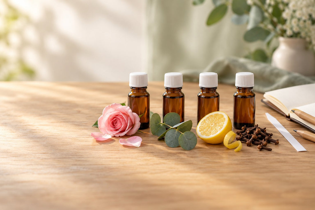 Riechtraining mit ätherischen Ölen: vier Braunglasflaschen mit Rose, Eukalyptus, Zitrone und Gewürznelke auf einem Holztisch, daneben Riechstreifen und Notizbuch