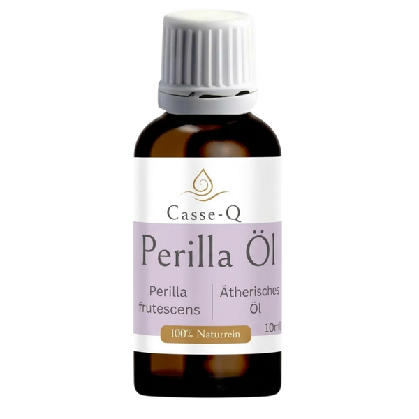 Casse-Q Perilla Öl 10 ml, Braunglasflasche mit weißem Schraubverschluss und Etikett Perilla frutescens