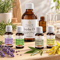 Coffret DIY Débutant Casse-Q : huile de jojoba 100 ml avec huiles essentielles de lavande, romarin, arbre à thé et ylang-ylang de 10 ml