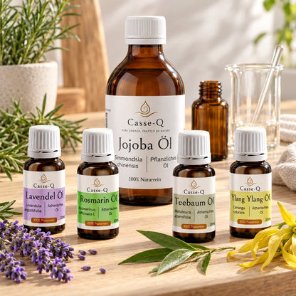 Casse-Q DIY Starter Set: jojoba oil 100 ml with lavender, rosemary, tea tree and ylang ylang oil, 10 ml each