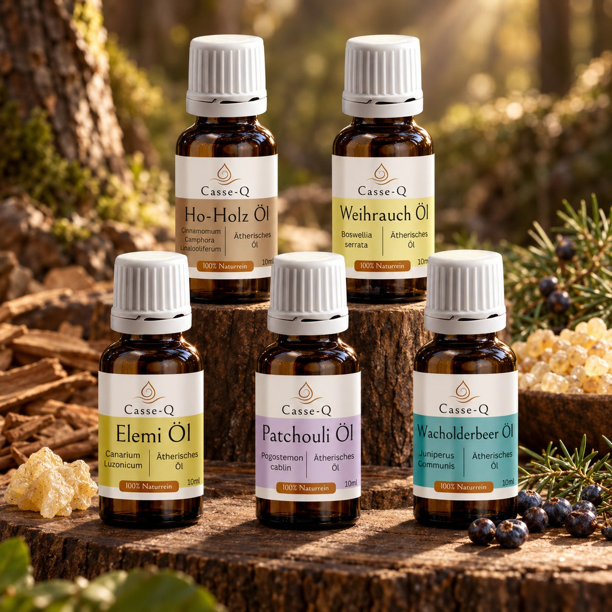 Casse-Q Woods & Resins Set: 5 essential oils, 10 ml each – ho wood, frankincense, elemi, patchouli and juniper berry