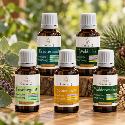 Casse-Q Blend Set: 5 essential oil blends, 10 ml each – Frischegeist, Kräuterwind, Sonnenruhe, Waldliebe and Walderwachen