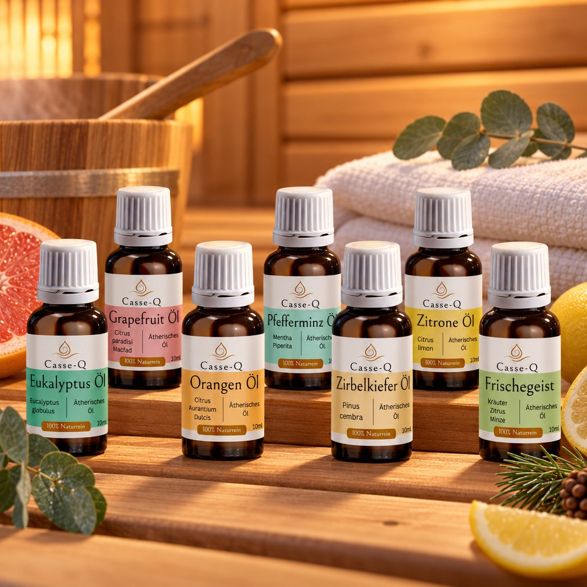 Casse-Q Sauna Set: 7 essential oils, 10 ml each – eucalyptus, grapefruit, orange, peppermint, Swiss stone pine, lemon and Frischegeist